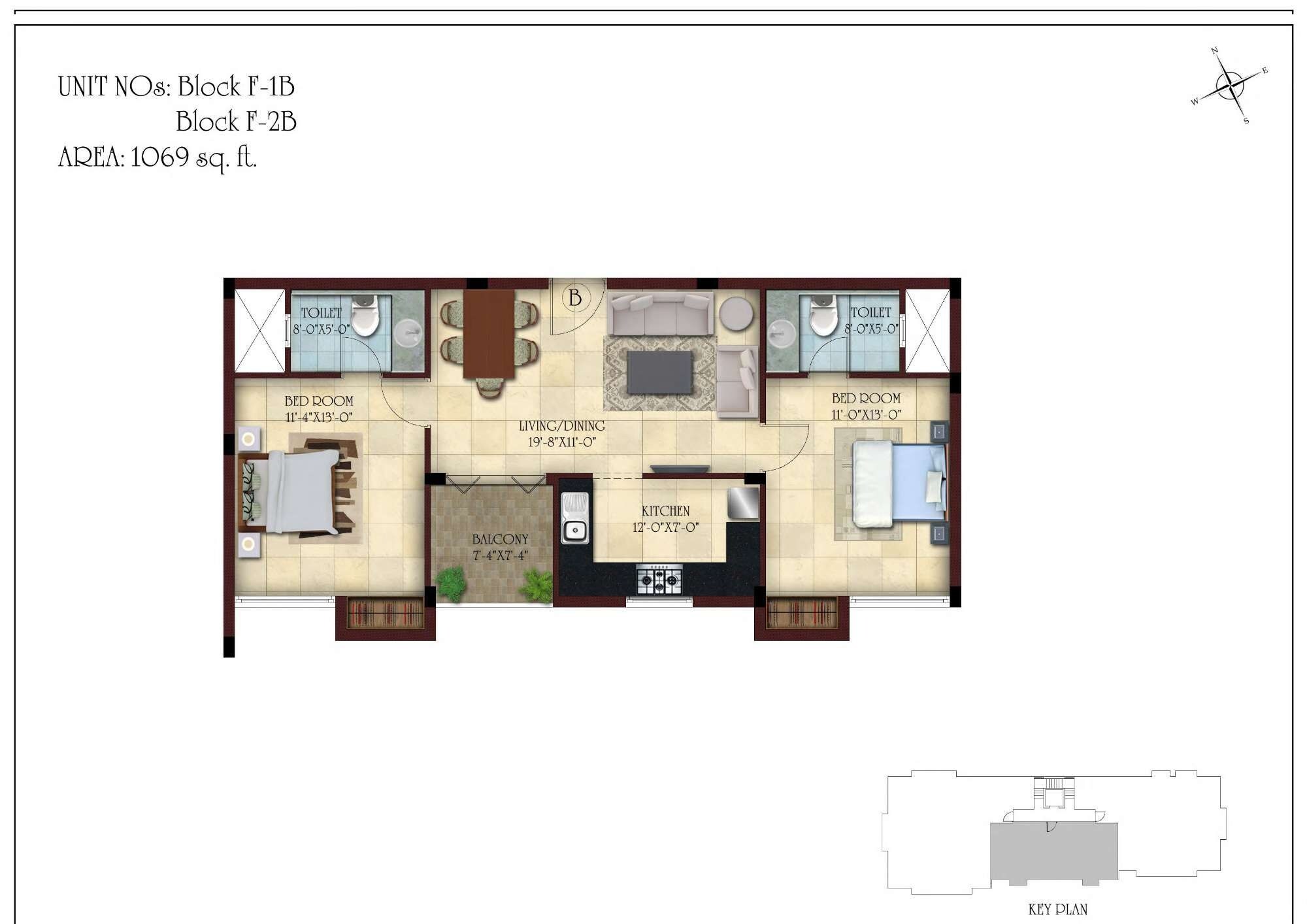 Floor plan of 2 BHK 1069 Sq. Ft. Apartment in Casa Grande Platina, Chennai