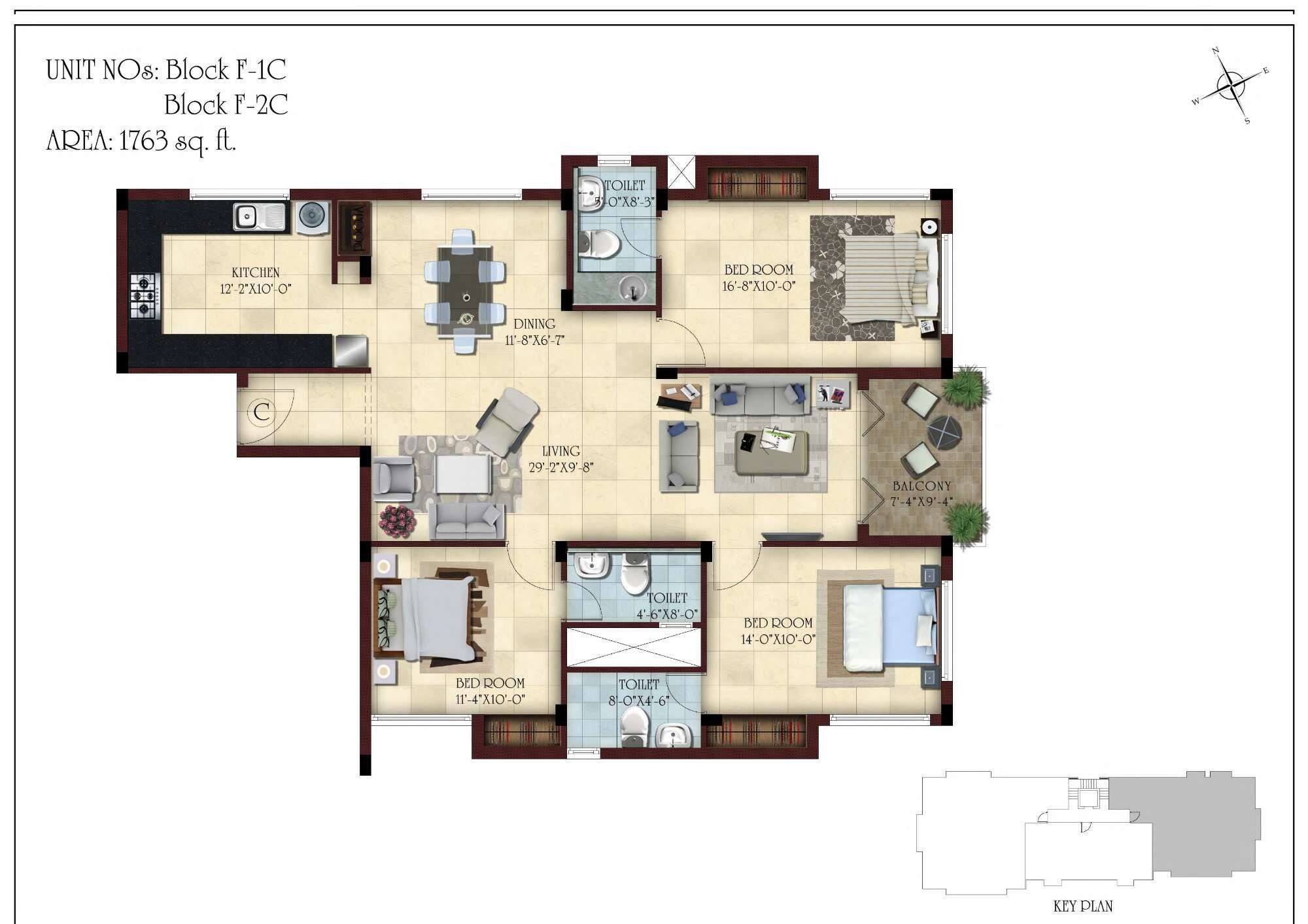 Floor plan of 3 BHK 1763 Sq. Ft. Apartment in Casa Grande Platina, Chennai