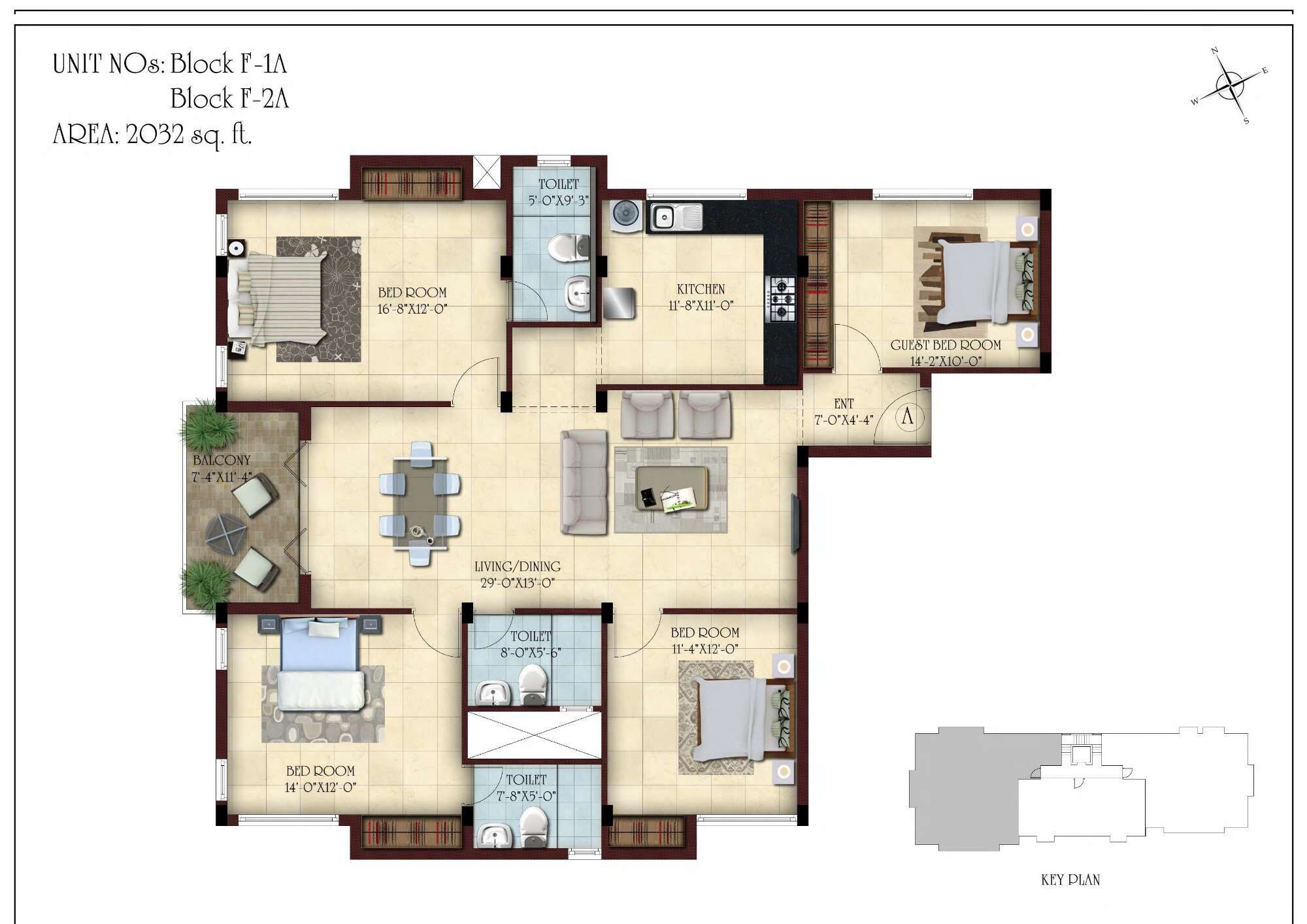 Floor plan of 4 BHK 2032 Sq. Ft. Apartment in Casa Grande Platina, Chennai
