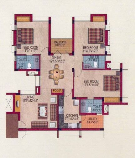 Floor plan of 3 BHK 1555 Sq. Ft. Apartment in Casa Grande Riviera, Chennai