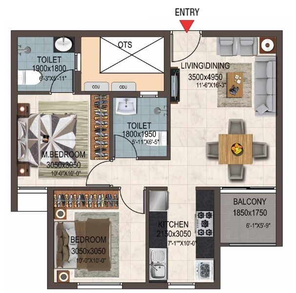 Floor plan of 2 BHK 569 Sq. Ft. Apartment in Casa Grand Savoye, Chennai