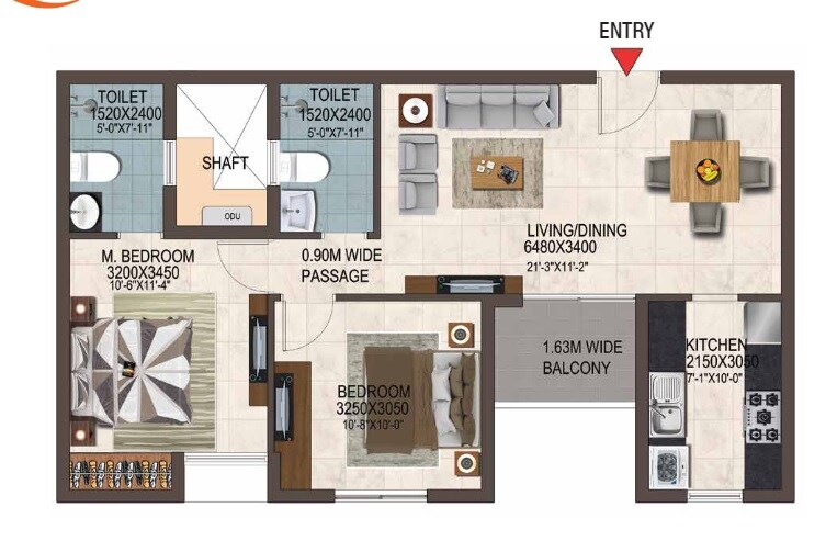Floor plan of 2 BHK 666 Sq. Ft. Apartment in Casa Grand Savoye, Chennai