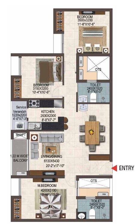 Floor plan of 3 BHK 1078 Sq. Ft. Apartment in Casa Grand Savoye, Chennai