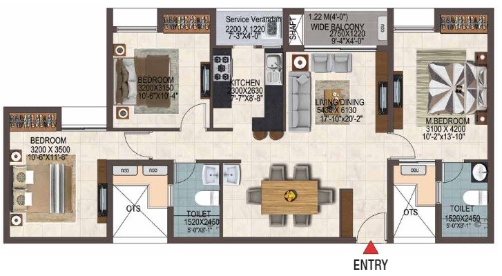Floor plan of 3 BHK 908 Sq. Ft. Apartment in Casa Grand Savoye, Chennai