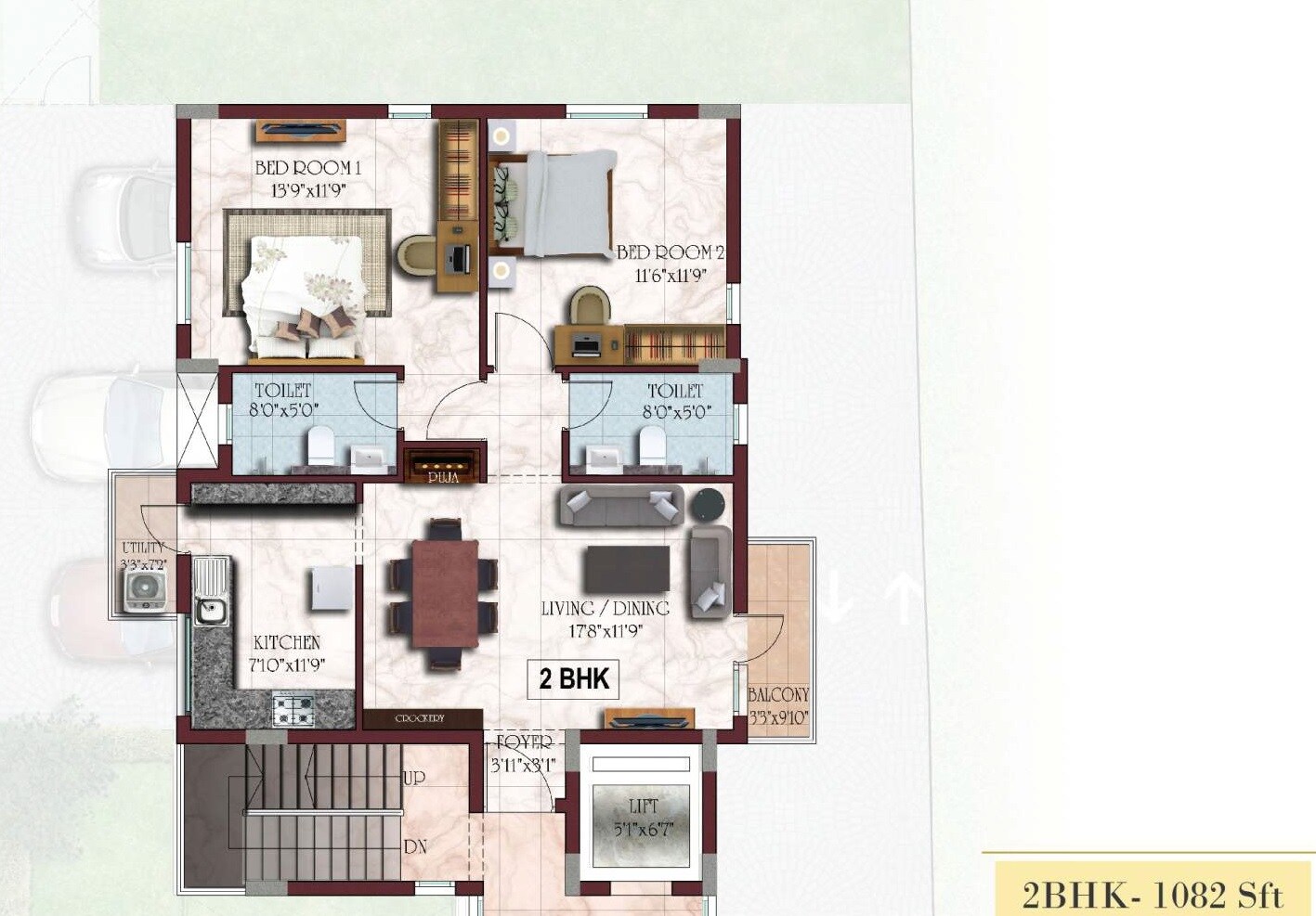Floor plan of 2 BHK 1082 Sq. Ft. Apartment in Casa Grande Senate, Chennai