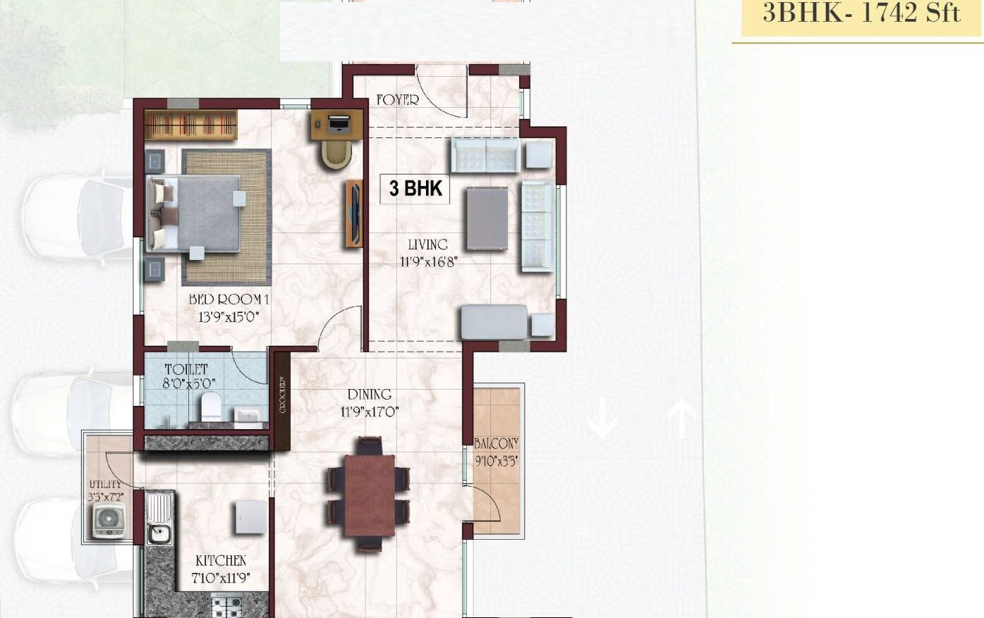 Floor plan of 3 BHK 1742 Sq. Ft. Apartment in Casa Grande Senate, Chennai
