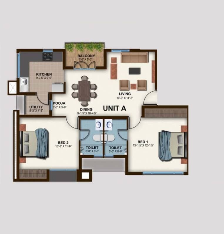 Floor plan of 2 BHK 1327 Sq. Ft. Apartment in Casa Grande Solitaire, Chennai