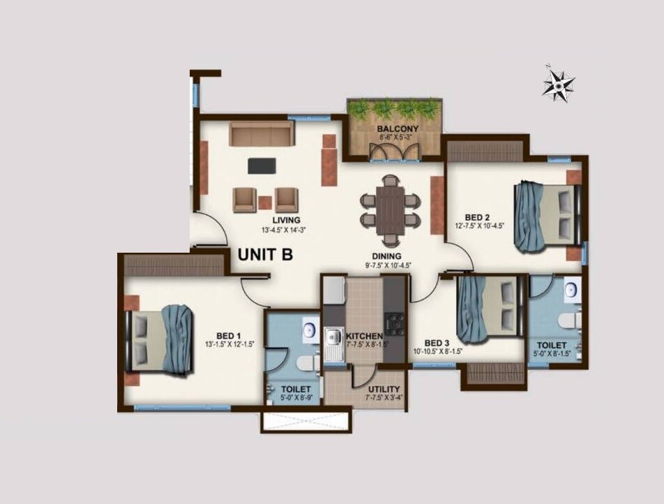 Floor plan of 3 BHK 1405 Sq. Ft. Apartment in Casa Grande Solitaire, Chennai