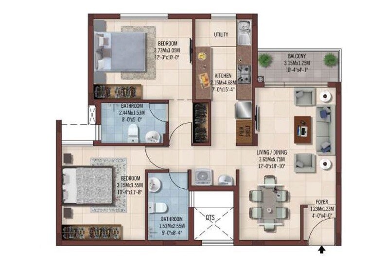 Floor plan of 2 BHK 1066 Sq. Ft. Apartment in Casa Grande Tambaram, Chennai