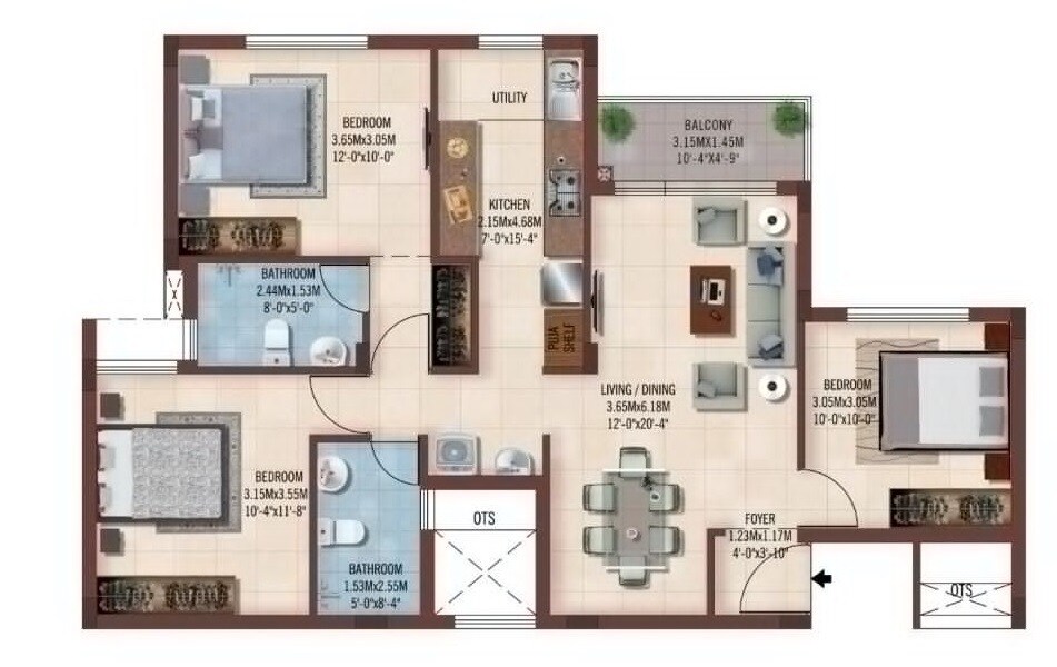 Floor plan of 3 BHK 1236 Sq. Ft. Apartment in Casa Grande Tambaram, Chennai