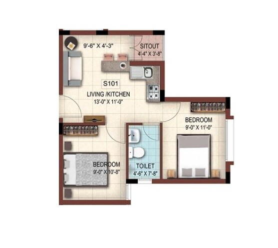 Floor plan of 2 BHK 559 Sq. Ft. Apartment in Casa Grande The Address, Chennai