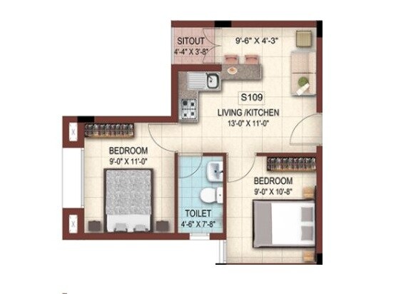 Floor plan of 2 BHK 570 Sq. Ft. Apartment in Casa Grande The Address, Chennai