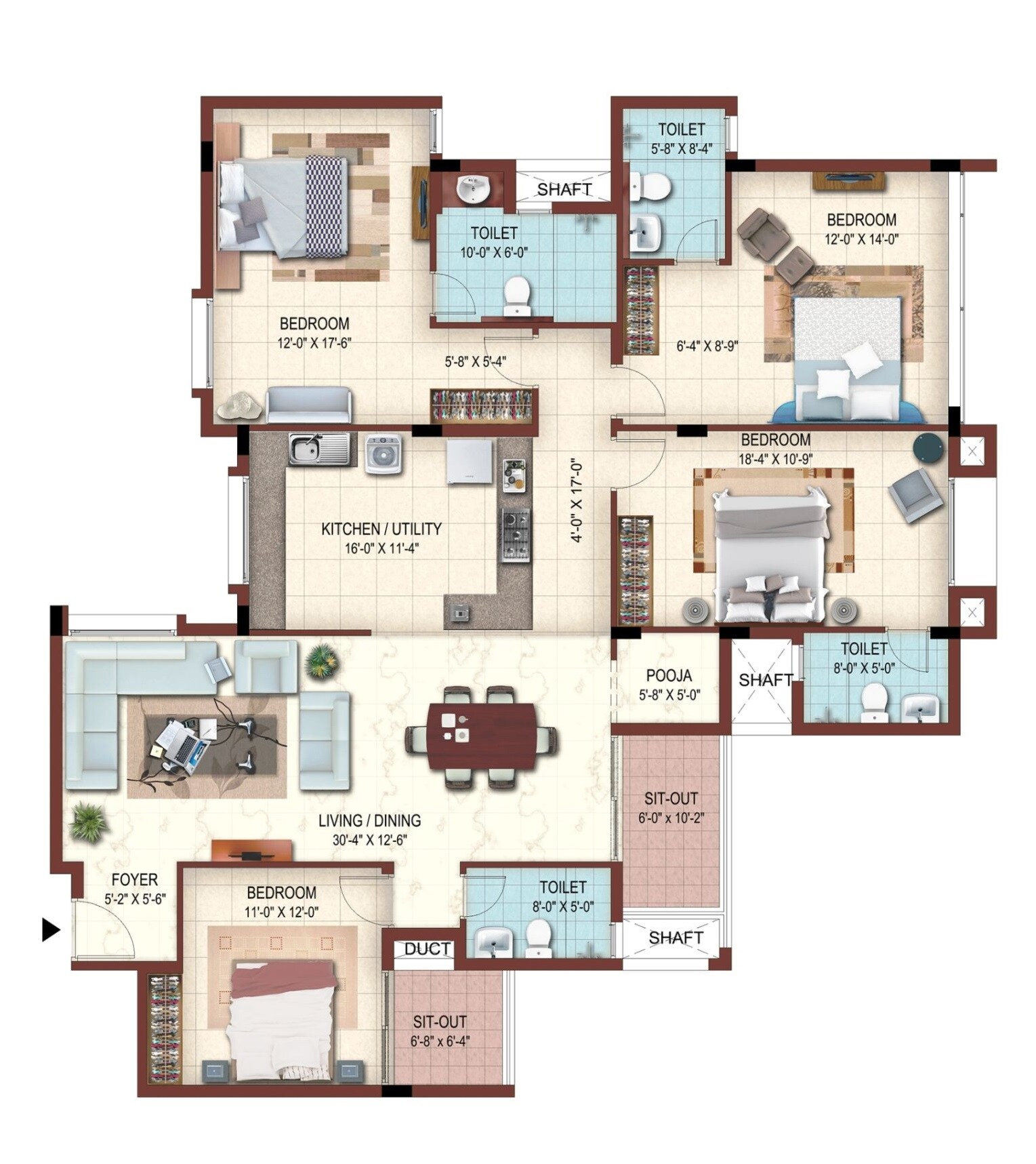 Floor plan of 4 BHK 2754 Sq. Ft. Apartment in Casa Grande The Address, Chennai