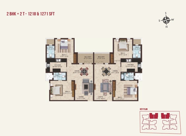 Floor plan of 2 BHK 1271 Sq. Ft. Apartment in Casa Grande Vogue, Chennai