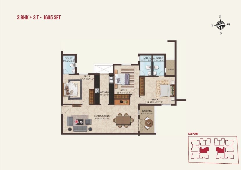 Floor plan of 3 BHK 1605 Sq. Ft. Apartment in Casa Grande Vogue, Chennai