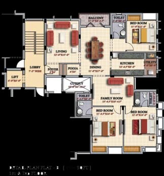 Floor plan of 3 BHK 1934 Sq. Ft. Apartment in Casa Grande White Oak, Chennai