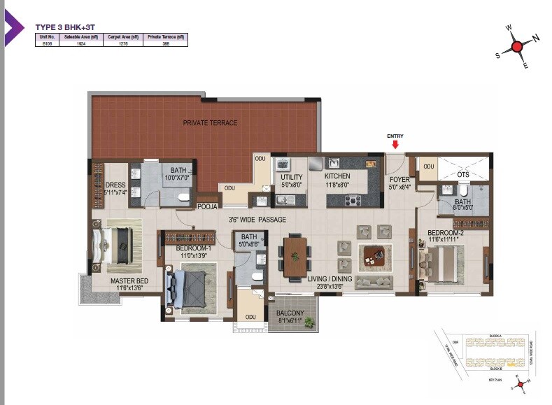 Floor plan of 3 BHK 1924 Sq. Ft. Apartment in Casagrand Amethyst, Chennai
