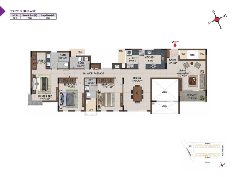 Floor plan of 3 BHK 2096 Sq. Ft. Apartment in Casagrand Amethyst, Chennai
