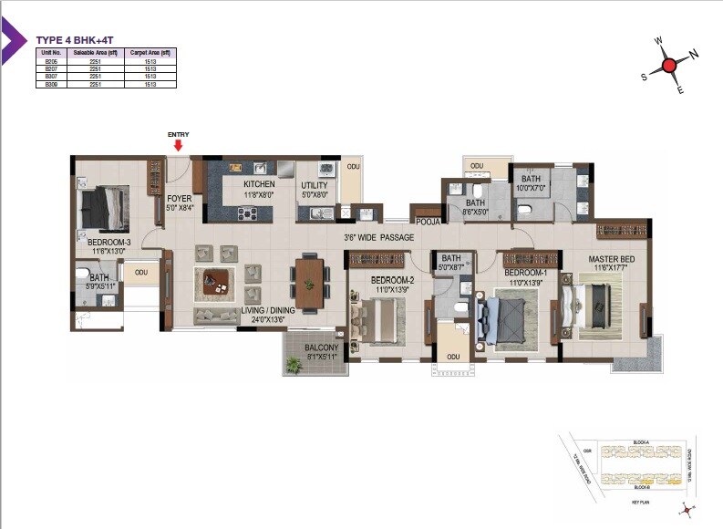 Floor plan of 4 BHK 2250 Sq. Ft. Apartment in Casagrand Amethyst, Chennai