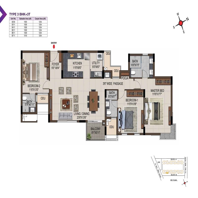 Floor plan of 3 BHK 1909 Sq. Ft. Apartment in Casagrand Amethyst Phase 2, Chennai