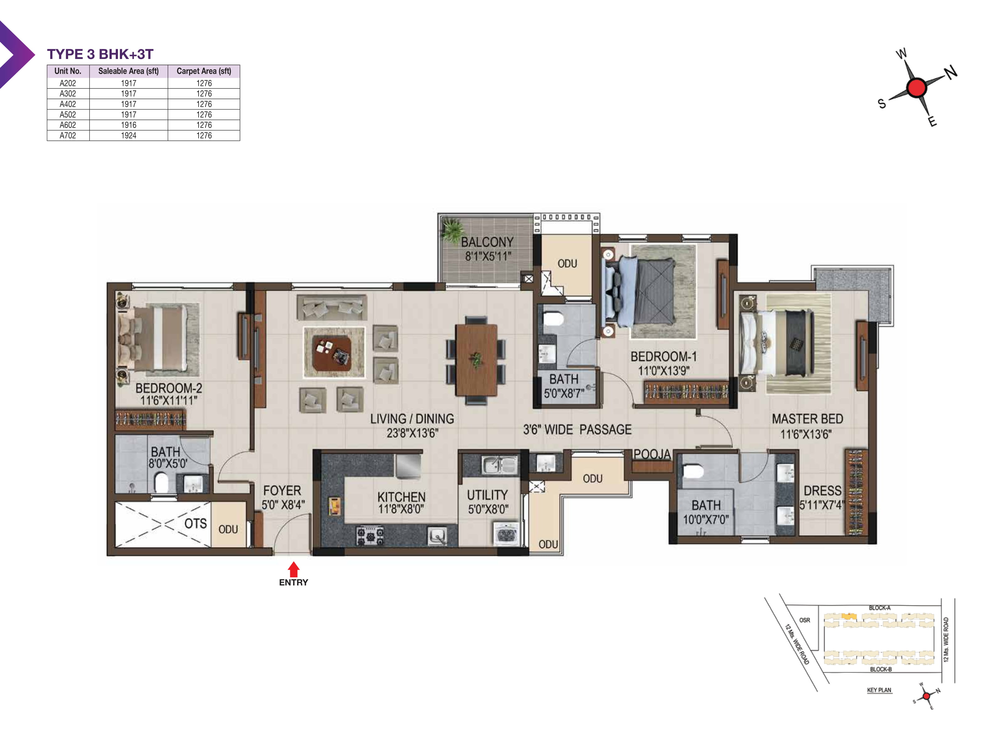 Floor plan of 3 BHK 1924 Sq. Ft. Apartment in Casagrand Amethyst Phase 2, Chennai