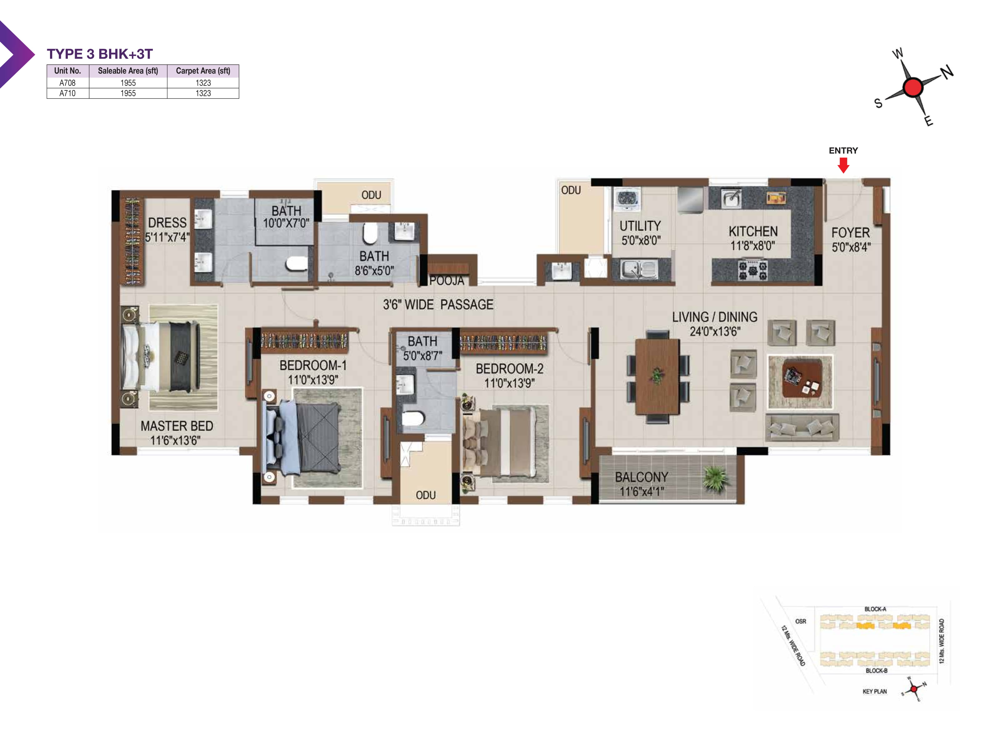 Floor plan of 3 BHK 1955 Sq. Ft. Apartment in Casagrand Amethyst Phase 2, Chennai