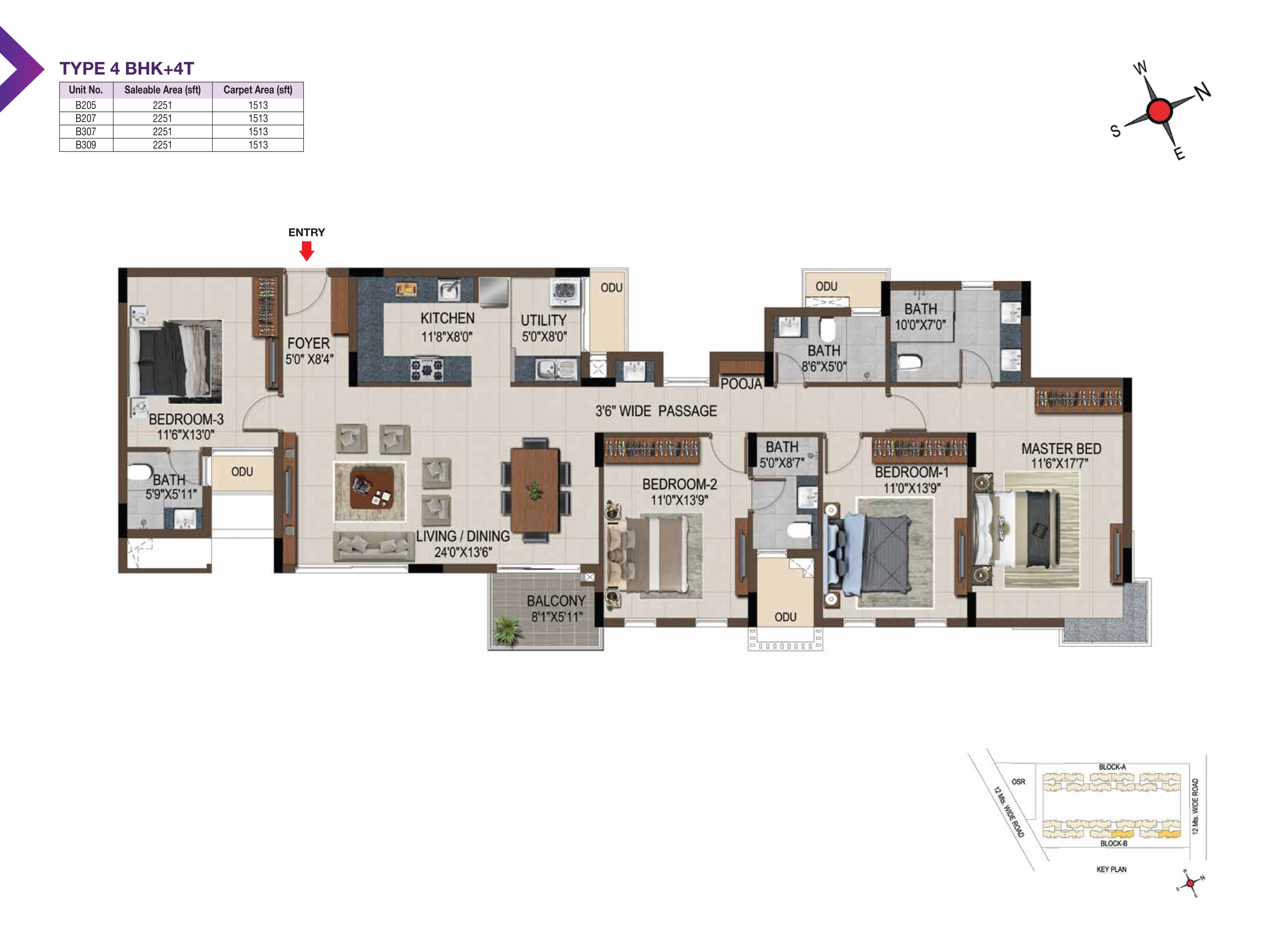Floor plan of 4 BHK 2251 Sq. Ft. Apartment in Casagrand Amethyst Phase 2, Chennai