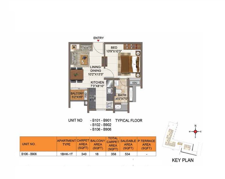 Floor plan of 1 BHK 534 Sq. Ft. Apartment in Casagrand Aria, Chennai