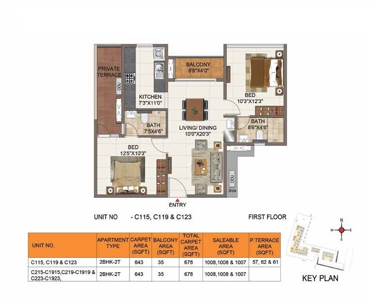 Floor plan of 2 BHK 1008 Sq. Ft. Apartment in Casagrand Aria, Chennai