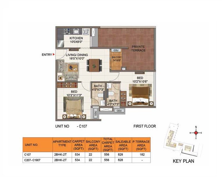 Floor plan of 2 BHK 828 Sq. Ft. Apartment in Casagrand Aria, Chennai
