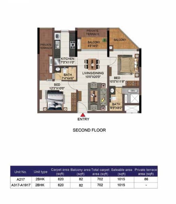 Floor plan of 2 BHK 1015 Sq. Ft. Apartment in Casagrand Aspires, Chennai