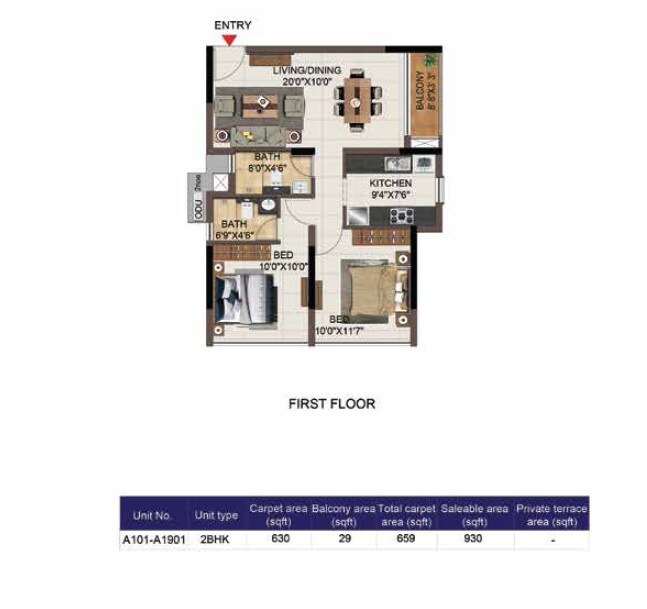 Floor plan of 2 BHK 930 Sq. Ft. Apartment in Casagrand Aspires, Chennai