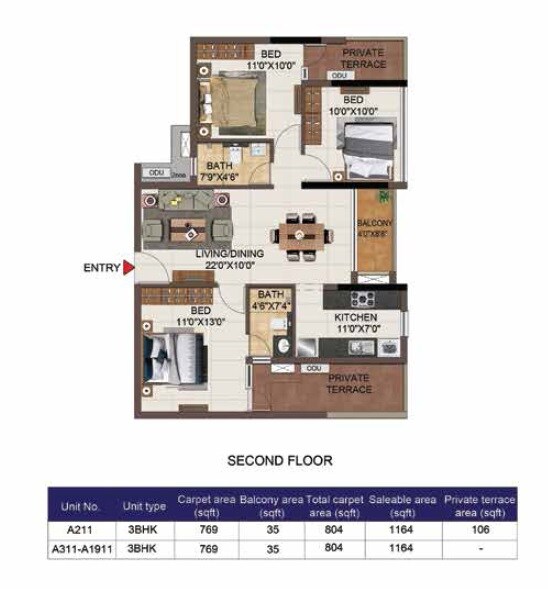 Floor plan of 3 BHK 1164 Sq. Ft. Apartment in Casagrand Aspires, Chennai