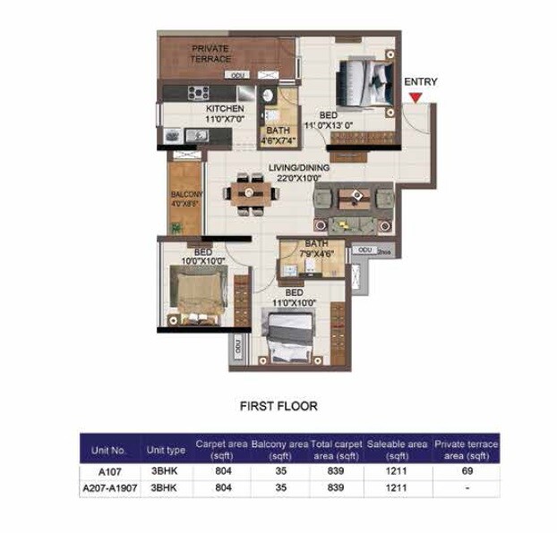 Floor plan of 3 BHK 1211 Sq. Ft. Apartment in Casagrand Aspires, Chennai