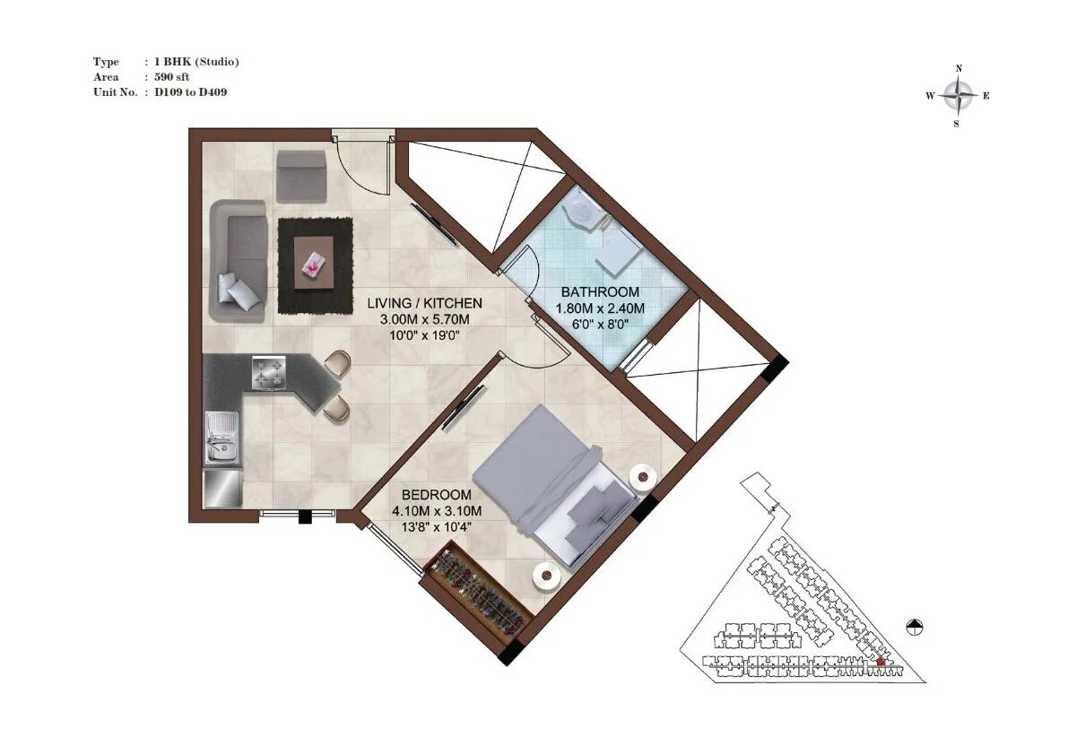 Floor plan of 1 BHK 590 Sq. Ft. Apartment in Casagrand Bellissimo, Chennai