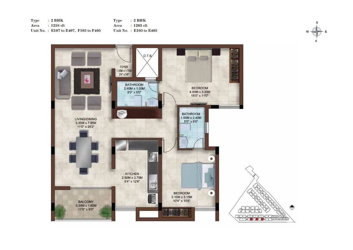Floor plan of 2 BHK 1258 Sq. Ft. Apartment in Casagrand Bellissimo, Chennai