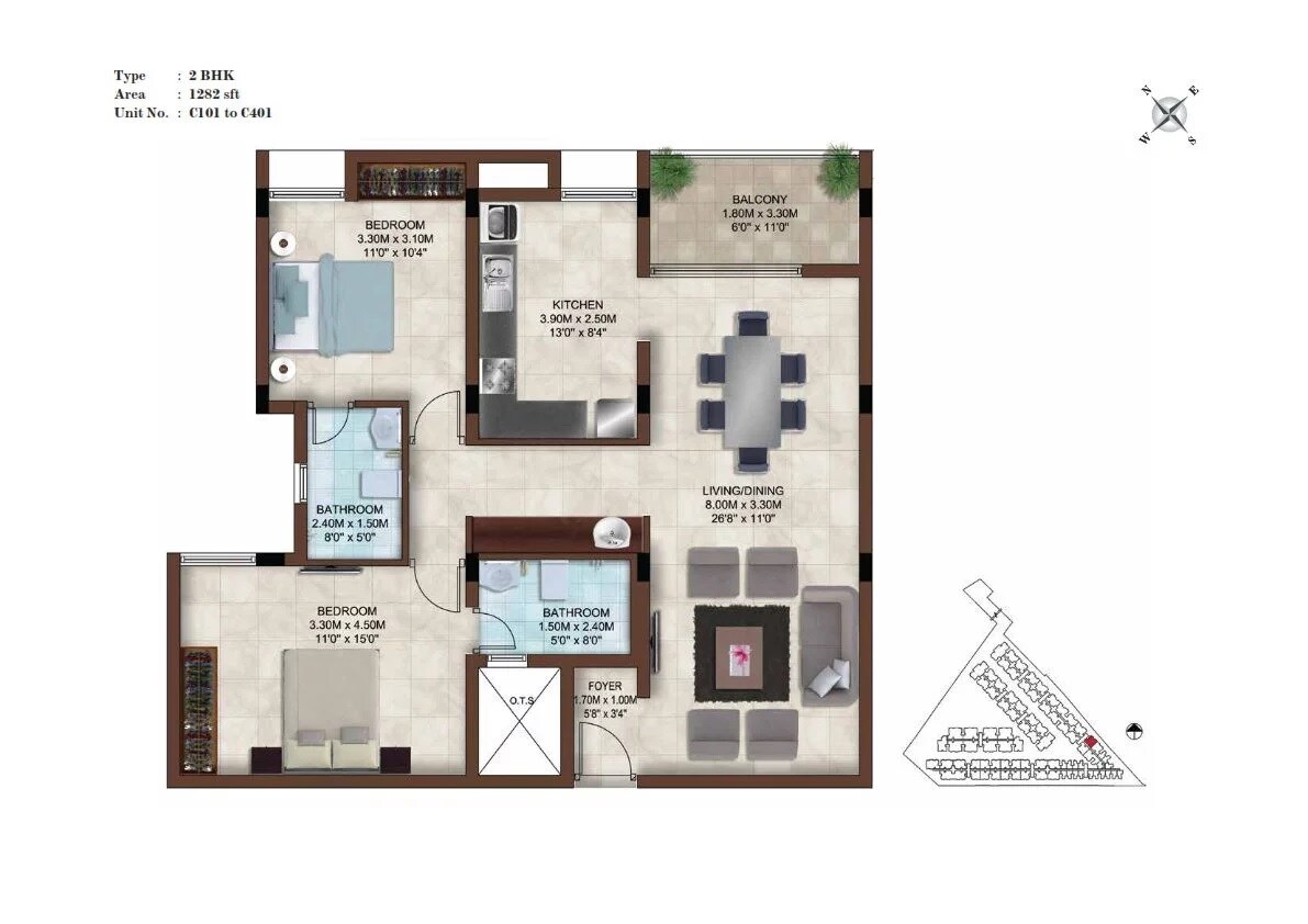 Floor plan of 2 BHK 1282 Sq. Ft. Apartment in Casagrand Bellissimo, Chennai