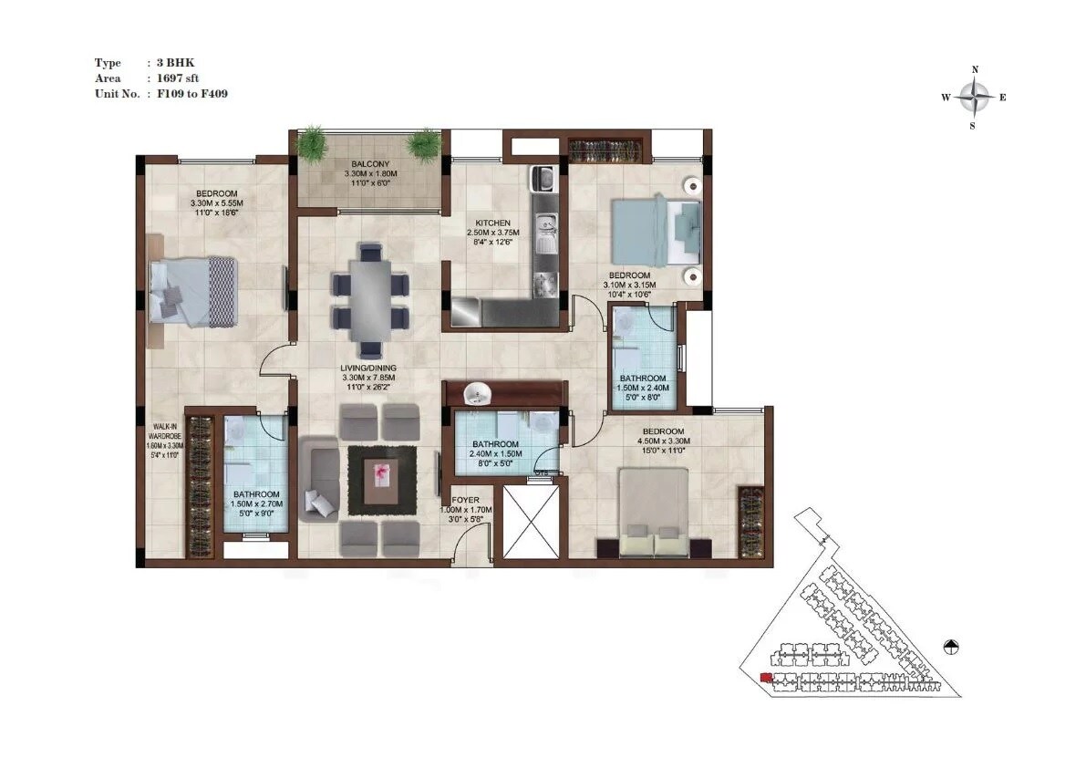 Floor plan of 3 BHK 1697 Sq. Ft. Apartment in Casagrand Bellissimo, Chennai
