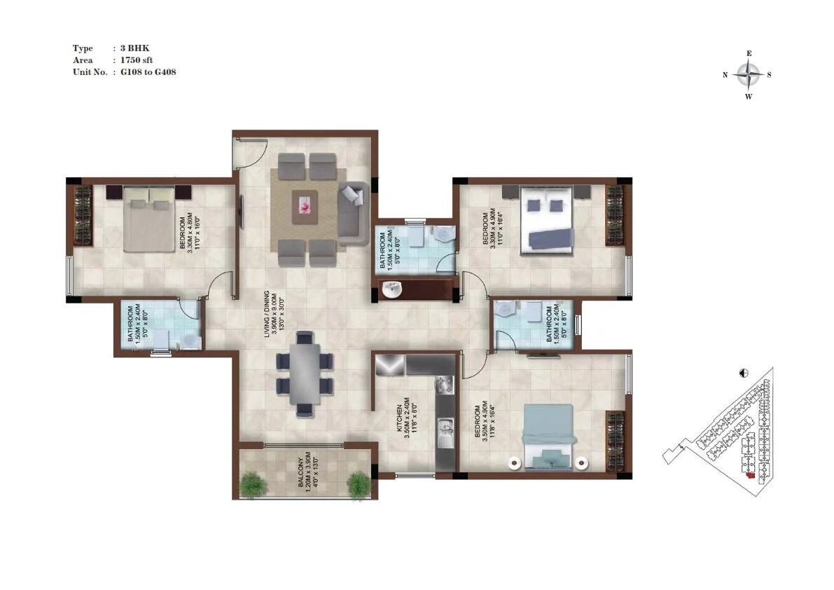 Floor plan of 3 BHK 1750 Sq. Ft. Apartment in Casagrand Bellissimo, Chennai