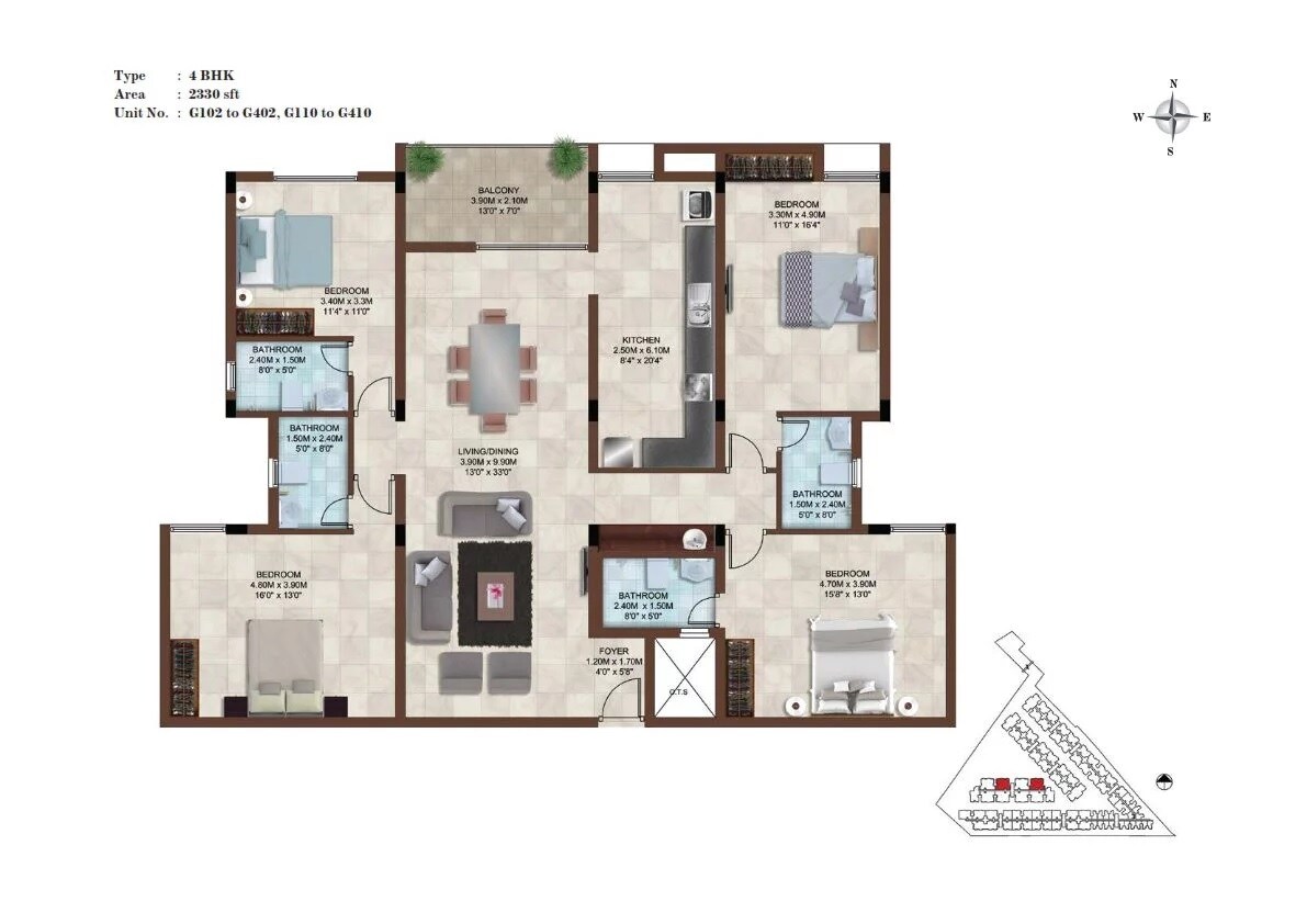 Floor plan of 4 BHK 2330 Sq. Ft. Apartment in Casagrand Bellissimo, Chennai