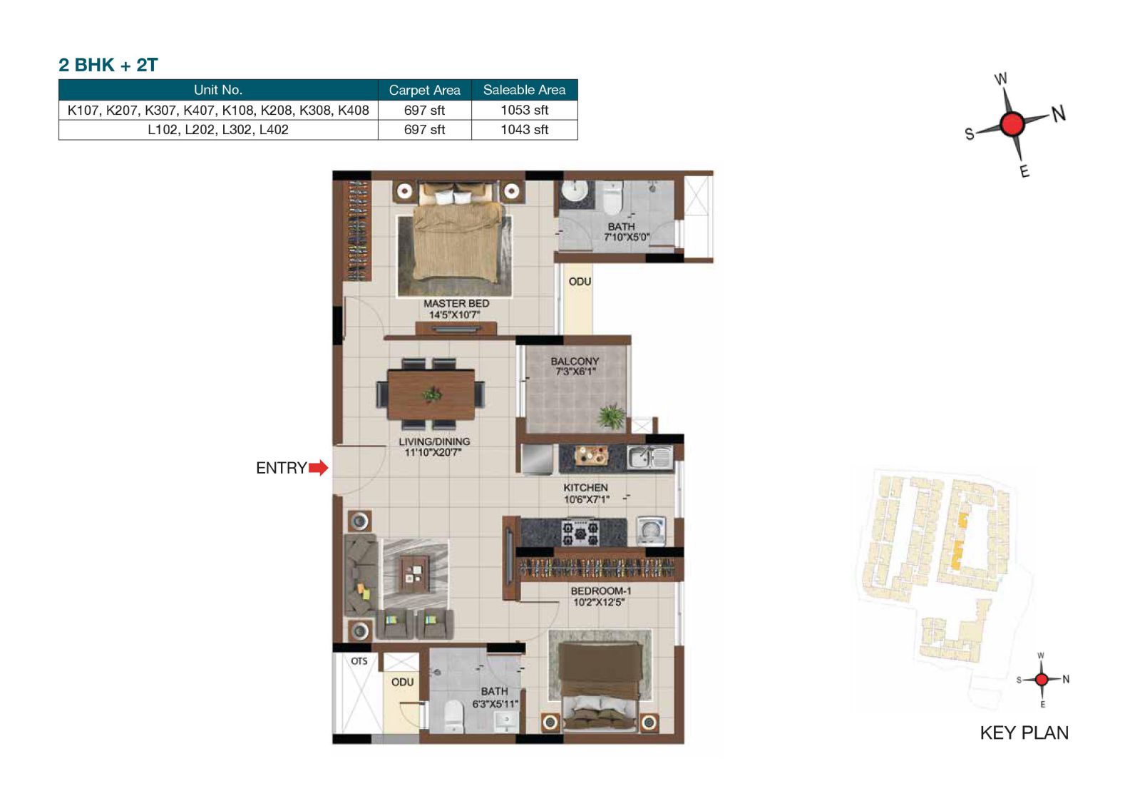 Floor plan of 2 BHK 1043 Sq. Ft. Apartment in Casagrand Castle, Chennai