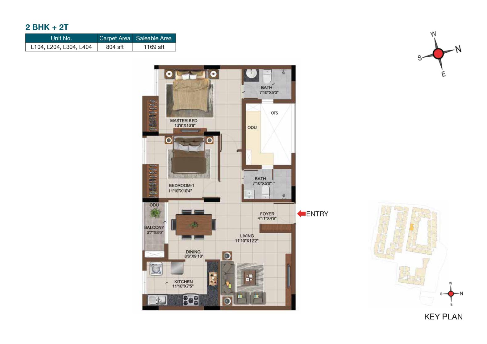 Floor plan of 2 BHK 1169 Sq. Ft. Apartment in Casagrand Castle, Chennai
