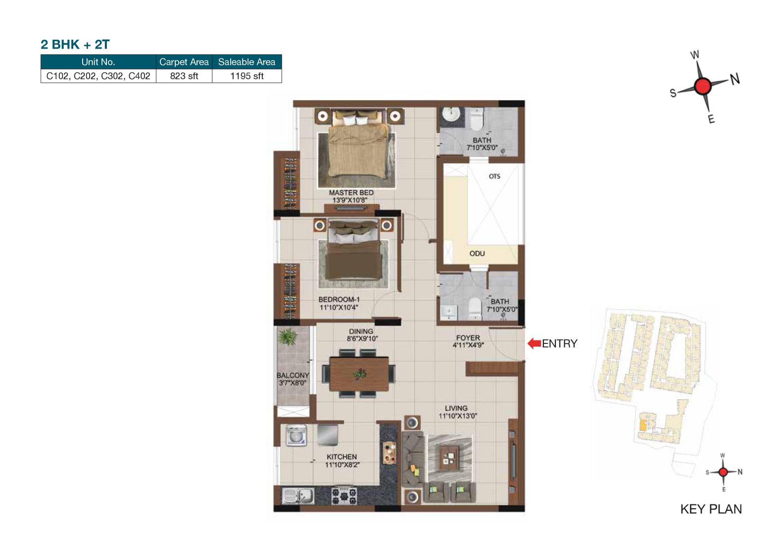 Floor plan of 2 BHK 1195 Sq. Ft. Apartment in Casagrand Castle, Chennai