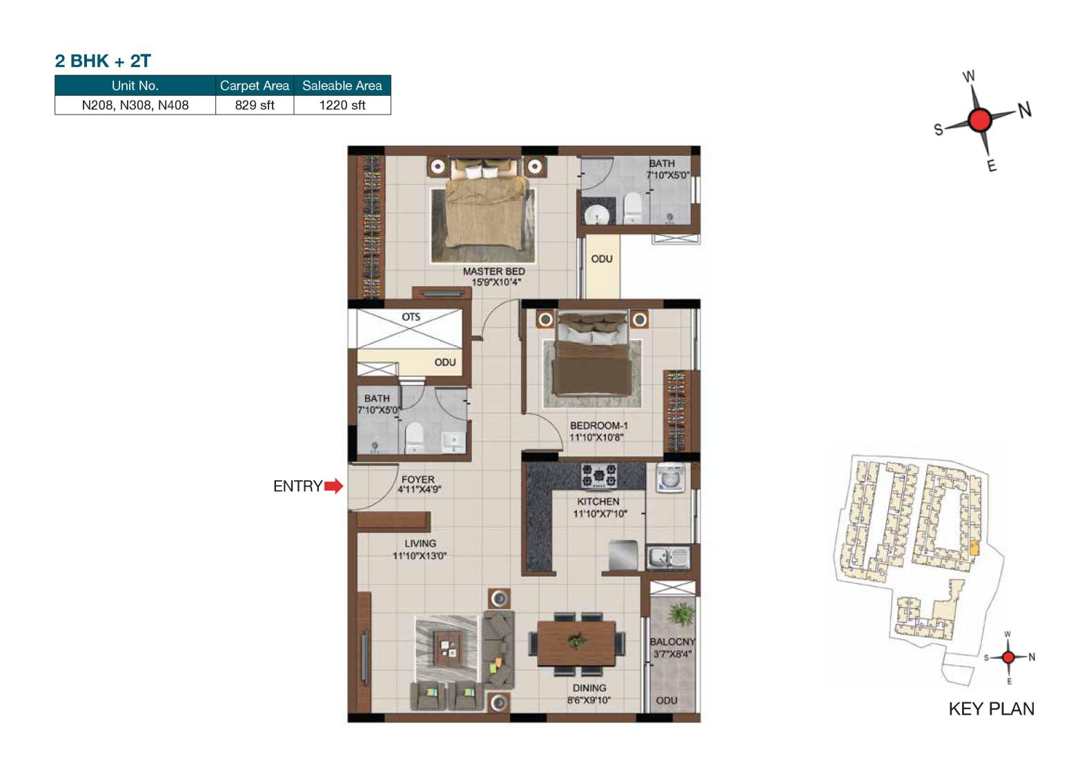 Floor plan of 2 BHK 1220 Sq. Ft. Apartment in Casagrand Castle, Chennai