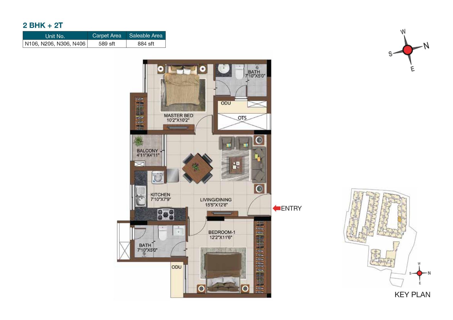 Floor plan of 2 BHK 884 Sq. Ft. Apartment in Casagrand Castle, Chennai