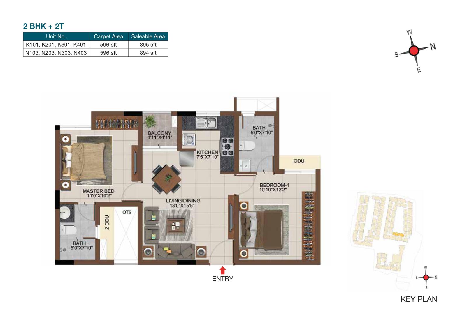 Floor plan of 2 BHK 895 Sq. Ft. Apartment in Casagrand Castle, Chennai