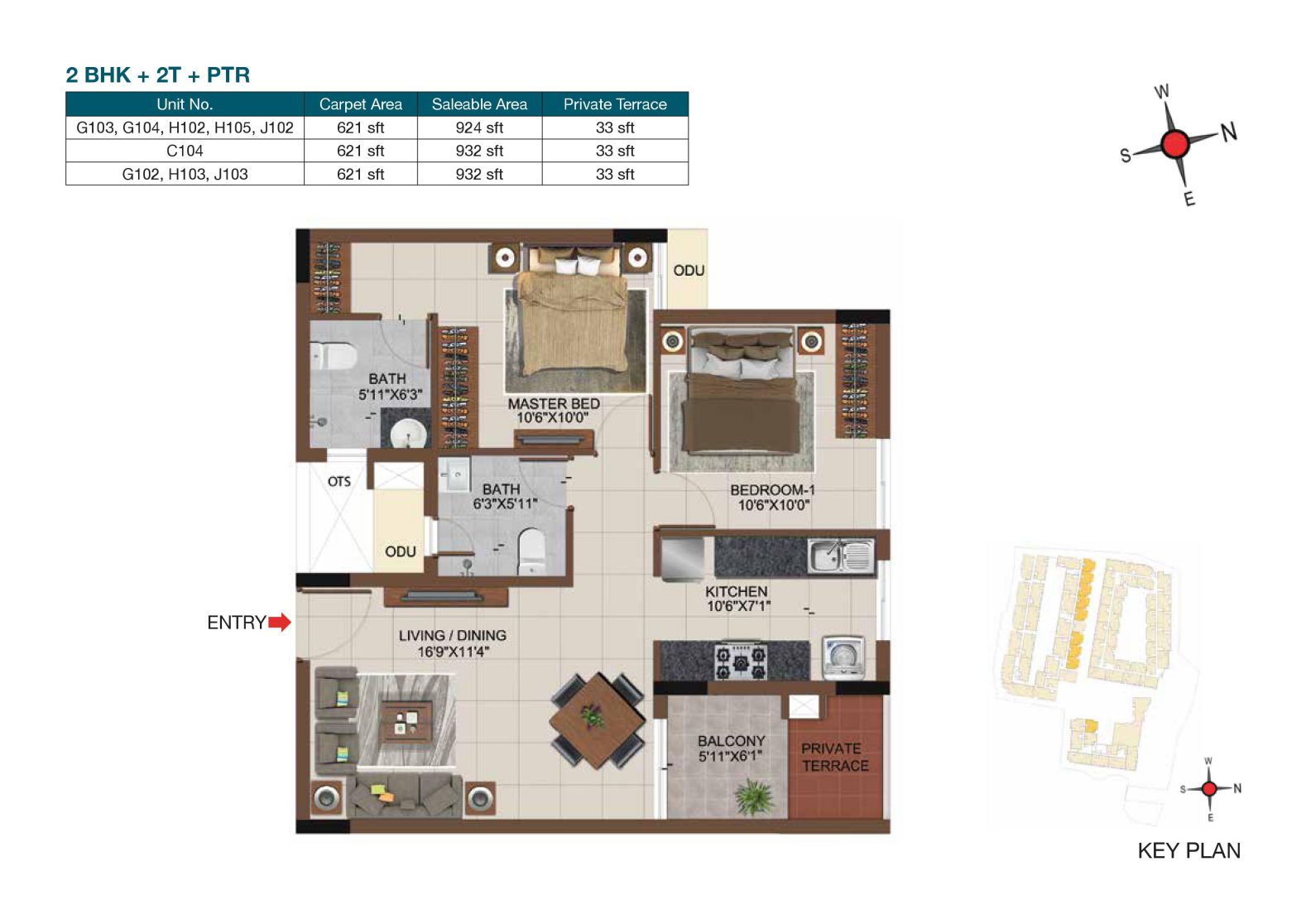 Floor plan of 2 BHK 932 Sq. Ft. Apartment in Casagrand Castle, Chennai