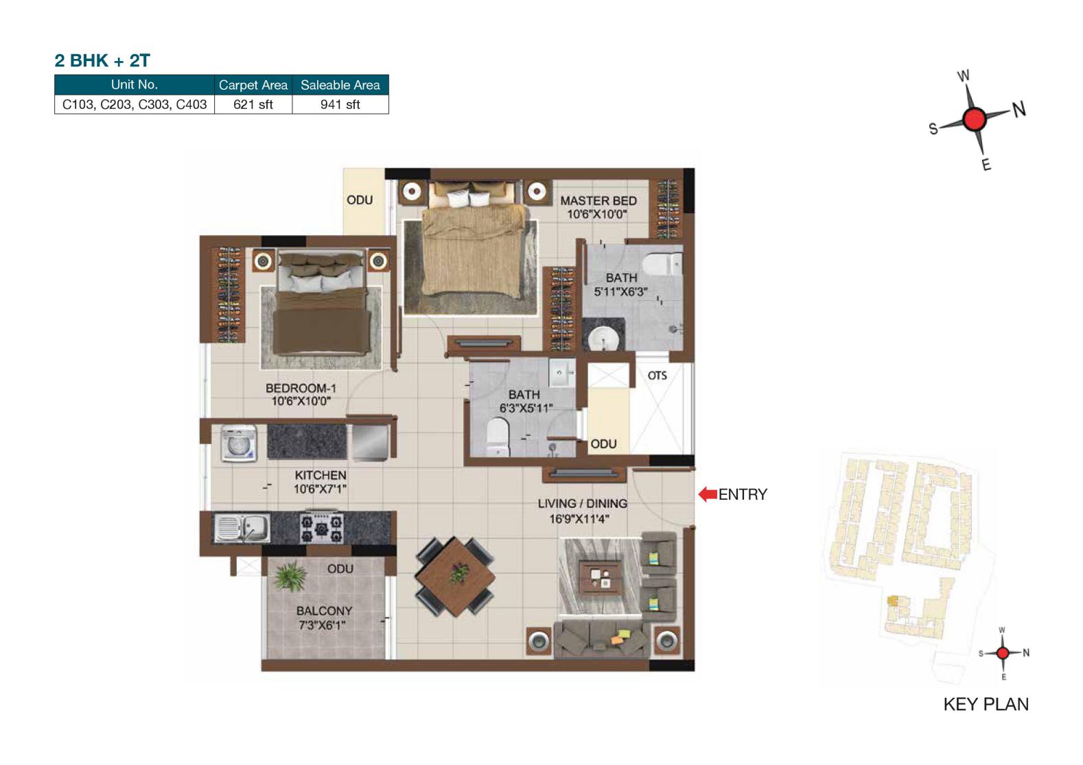 Floor plan of 2 BHK 941 Sq. Ft. Apartment in Casagrand Castle, Chennai