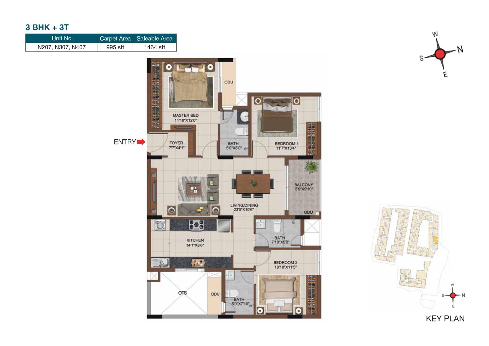Floor plan of 3 BHK 1464 Sq. Ft. Apartment in Casagrand Castle, Chennai