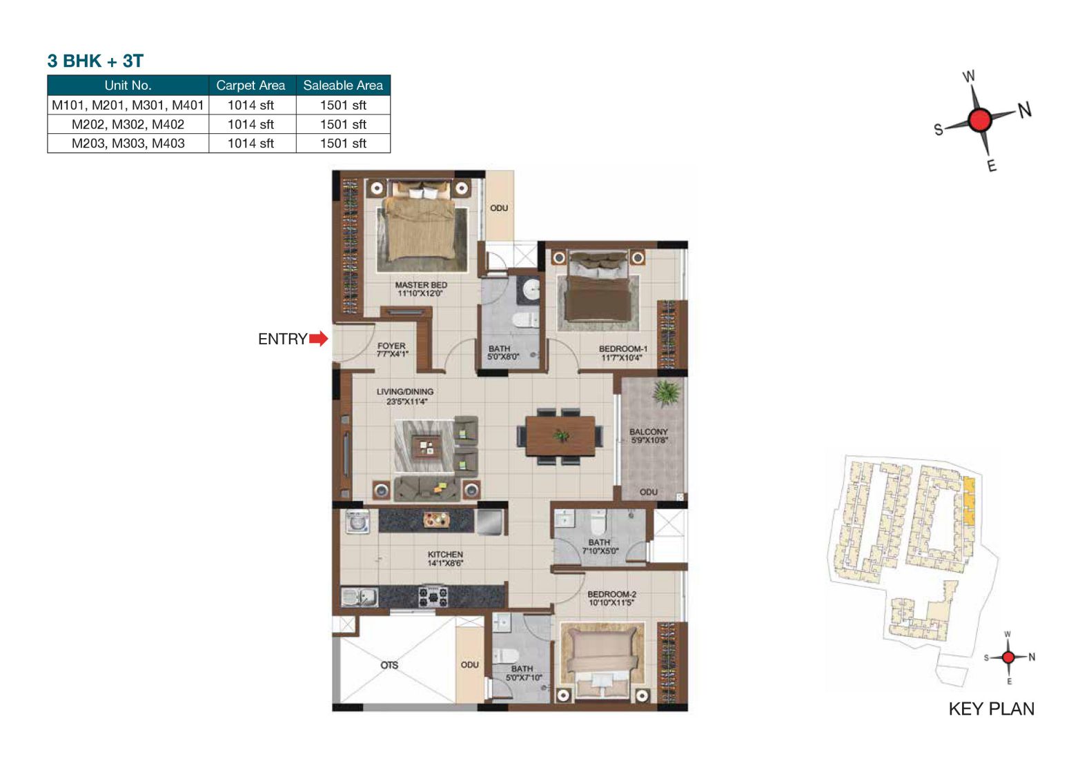 Floor plan of 3 BHK 1501 Sq. Ft. Apartment in Casagrand Castle, Chennai